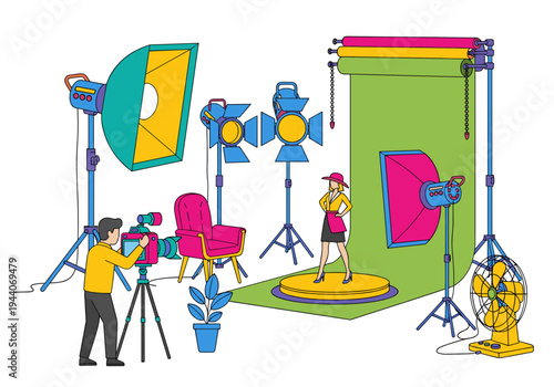 Professional photo studio setup with model, camera, lighting, and backdrop