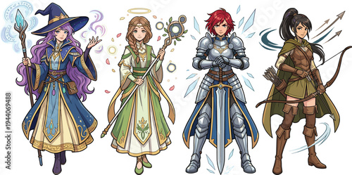 Fantasy RPG Character Vector Collection Featuring Wizard Mage, Elven Priestess, Armored Knight Warrior, and Archer Hero Adventure Game Illustration Set