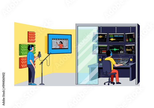 Recording studio setup with sound engineer and performer in separate soundproof booths