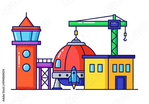 Cartoon spaceport with rocket launchpad, control tower, and crane