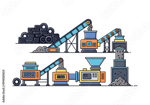 Industrial tire recycling plant with conveyor belts and shredders processing old tires