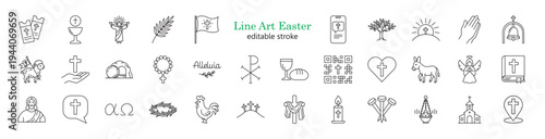 34 black and white easter line art icons with editable stroke. Religious symbols including cross, bible, angel, lamb, chalice, tomb, crown of thorns, and other christian elements in minimalist style.