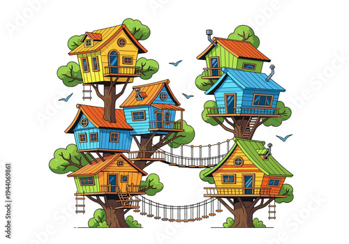 Whimsical cartoon treehouse village with colorful houses connected by rope bridges