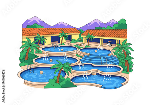 Relaxing hot springs resort with multiple pools and palm trees, mountain backdrop
