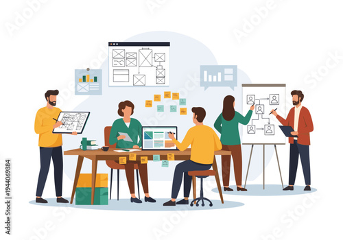 Diverse team collaborating on a project, planning and strategizing in an office setting