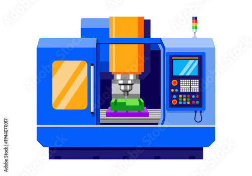 Modern CNC milling machine with a green workpiece on a purple base