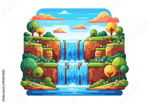 Vibrant cartoon waterfall cascading down layered cliffs surrounded by lush greenery and colorful clouds