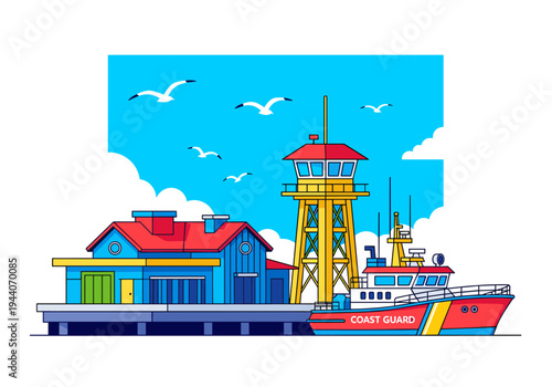 Coast guard station with boat and seagulls flying in a bright blue sky