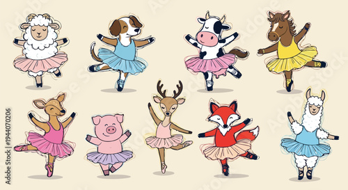 Sketchy cartoon ballerina pets in skirts doing a dance