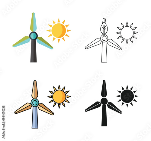 Set of colorful and vectors featuring wind turbines and sun icons together