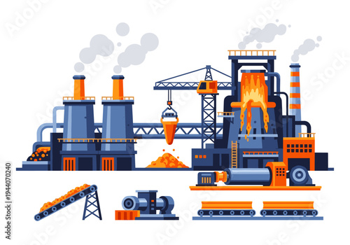 Industrial factory complex with smoking chimneys and molten metal processing