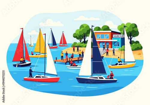 Sailing club with boats on the water and people on the dock enjoying the day