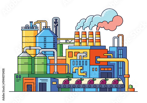 Modern factory processing agricultural products with conveyor belt and smoking chimneys
