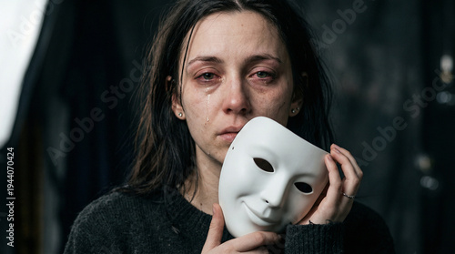 depressed woman with tearful eyes holding a smiling white mask illustrating the painful emotional hiding in modern society