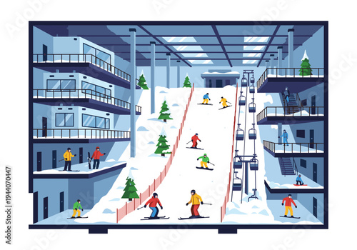 Indoor ski resort with skiers and snowboarders enjoying slopes and chairlifts