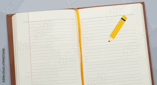 Open notebook with yellow pencil marking a page.