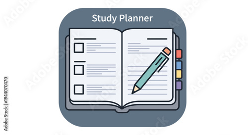 Open Study Planner Book with Checklist and Pencil Illustration.
