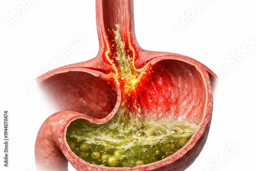 Gastroesophageal reflux disease acid GERD anatomy visualization exhibiting esophageal sphincter failure and mucosal burn representing painful digestive pathology healthcare