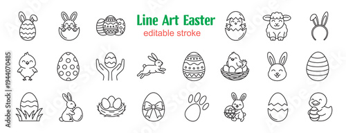 22 black and white linear icons with editable stroke. Easter theme including bible, bunny, egg, chick, lamb, and cross. Minimalist and cute style.