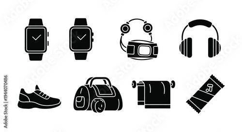 Set of 8 Black Silhouette Gym and Fitness Accessories Vector Icons