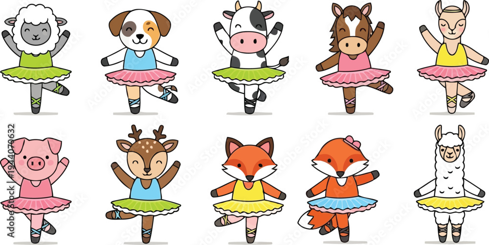 Fototapeta premium Cute vector animals dancing ballet in colorful tutus