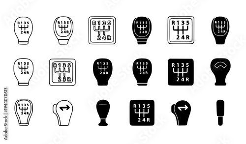 Car Gear Shifter Icons Set in Outline and Silhouette Style Manual and Automatic Transmission Symbol Vector Collection