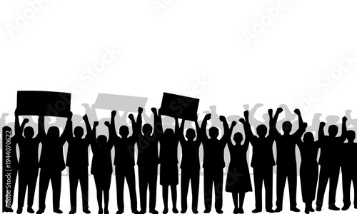 Black silhouette of a large crowd of people holding protest signs and raising hands, representing demonstration, rally, and social movement concepts for political and activism design projects