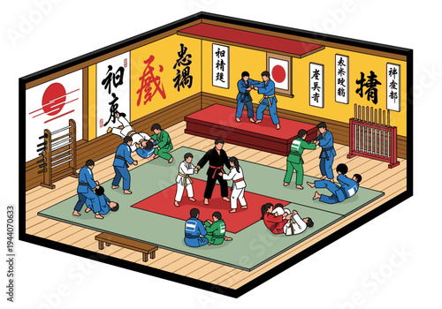 Isometric view of a judo dojo with multiple training sessions happening simultaneously