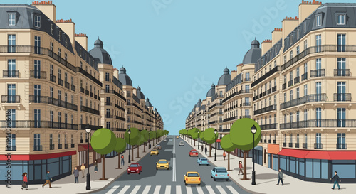 Parisian Street Scene with Cars and Pedestrians.