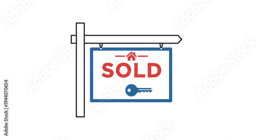 Real Estate Sold Sign with Key and House Icon.