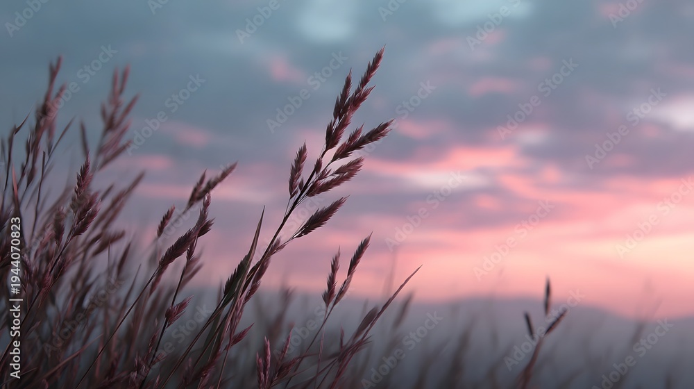 Obraz premium Serene grass stalks against a pastel colored sunset sky