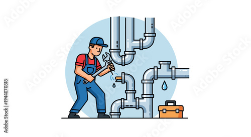 Plumber Fixing Leaking Pipes With Wrench And Toolbox.