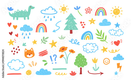 Cute Nature Doodle Elements Set Rainbow Cloud Tree Sun Animal Hand Drawn Vector Icons