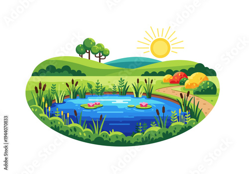 Vibrant cartoon pond with lily pads and cattails under a bright sunny sky
