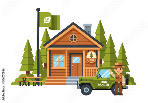 Park ranger station with ranger and vehicle in a forest setting