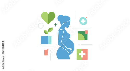 Pregnant Woman Silhouette with Health and Growth Icons.
