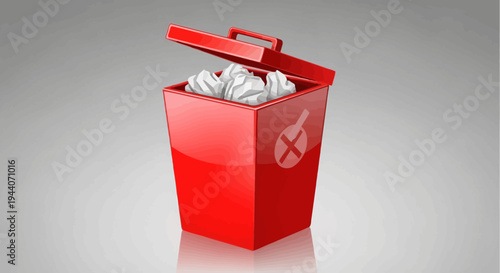 Red Trash Can Icon with Lid Open and Paper Inside.