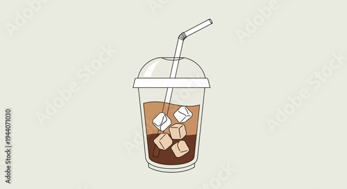 Refreshing Iced Coffee Drink with Ice Cubes and Straw.