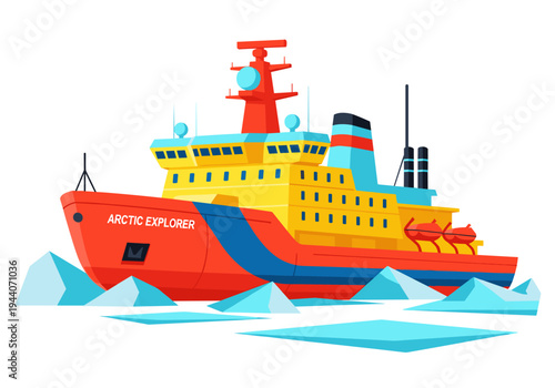 Colorful icebreaker ship navigating through frozen Arctic waters with ice floes