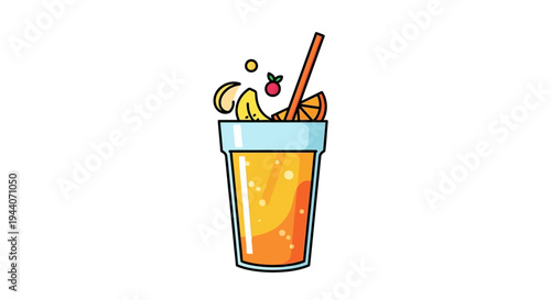 Refreshing Orange Juice Cocktail with Fruit Garnish and Straw.