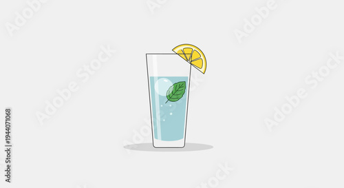 Refreshing tall glass of water with mint and lemon slice.