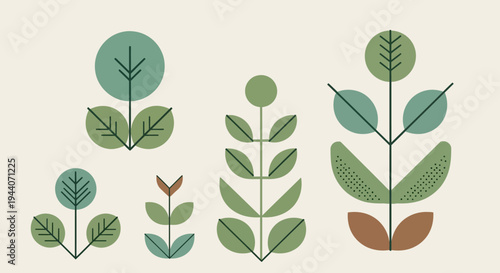 Set of abstract stylized plant illustrations in green tones.