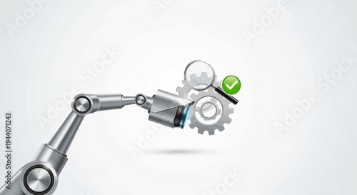 Robotic Arm Inspecting Gears with Magnifying Glass and Checkmark.