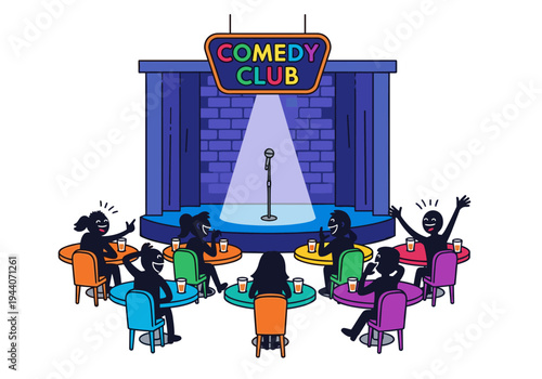 Diverse audience enjoys a stand-up comedy show at a lively club with colorful seating