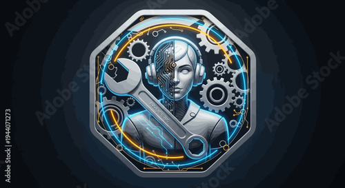 Robotic technician with wrench and gears emblem.
