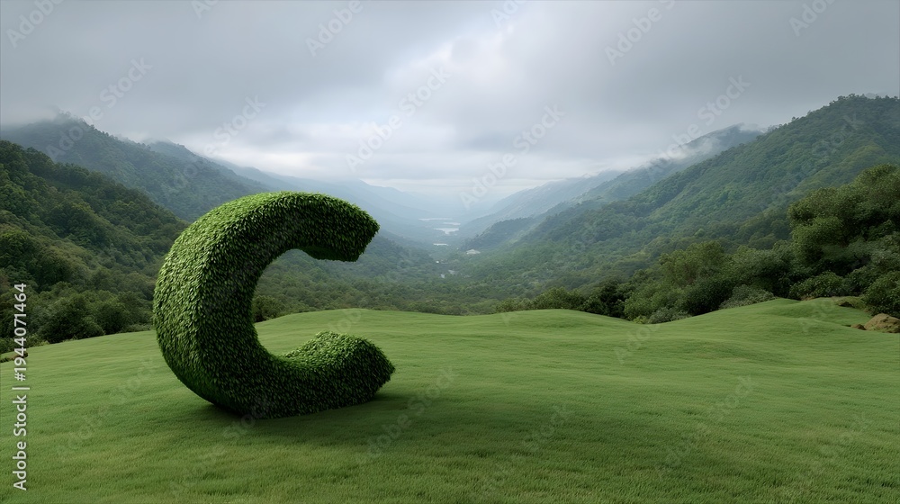 Fototapeta premium A sculpted green letter C made of moss sits in a lush mountainous landscape under a cloudy sky