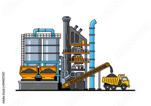 Industrial factory with conveyor belt loading coal into a dump truck for processing