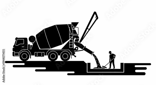 Silhouette of a concrete mixer truck pouring material into a foundation.