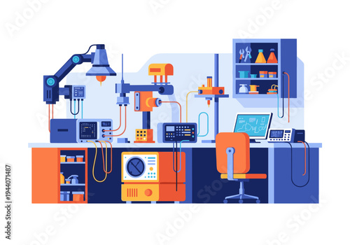 Modern laboratory workspace with various equipment and tools