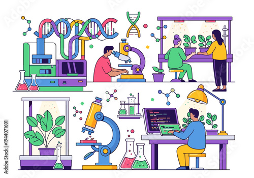 Modern biotechnology research with DNA, microscopes, and plant growth labs
